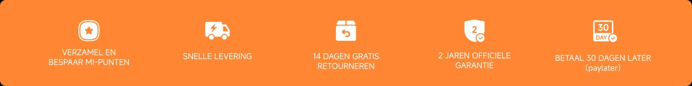 De afbeelding bevat tekst die verschillende voordelen promoot, waaronder:
- Verzamel en spaar punten
- Snelle levering
- 14 dagen gratis retour
- 2 jaar officiële garantie
- Betaal 30 dagen later (betaal later optie)
De achtergrond is oranje met iconen die bij elk voordeel horen.