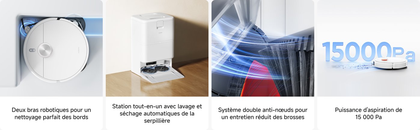 The visual features a robotic vacuum cleaner and a cleaning station. The characteristics include:
1. Two robotic arms for effective edge cleaning.
2. An all-in-one station with automatic washing and drying of the mop.
3. A dual anti-tangle system for reduced brush maintenance.
4. A suction power of 15,000 Pa.