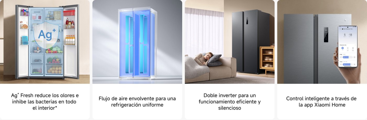 La imagen muestra un refrigerador de diseño moderno, con sus puertas abiertas, revelando un interior organizado con alimentos y bebidas. Destacan características como el proceso de reducción de olores y bacterias, un flujo de aire uniforme, un sistema de doble inversor para un funcionamiento eficiente y silencioso, y control inteligente a través de la app Xiaomi Home.