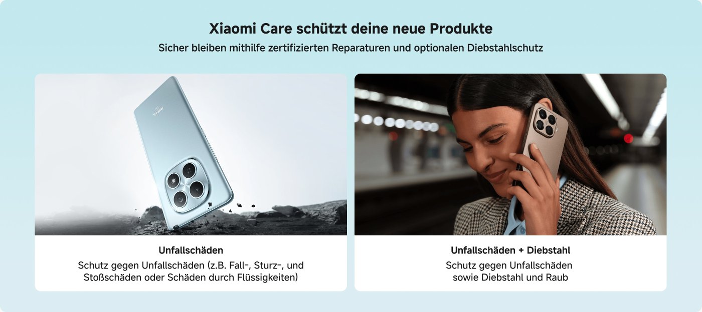 Xiaomi Care provides protection for new products, including certified repairs and optional theft protection. On the left, a smartphone is shown that protects against drop and water damage, while on the right, a person is holding another smartphone in the subway, with additional protection against theft.