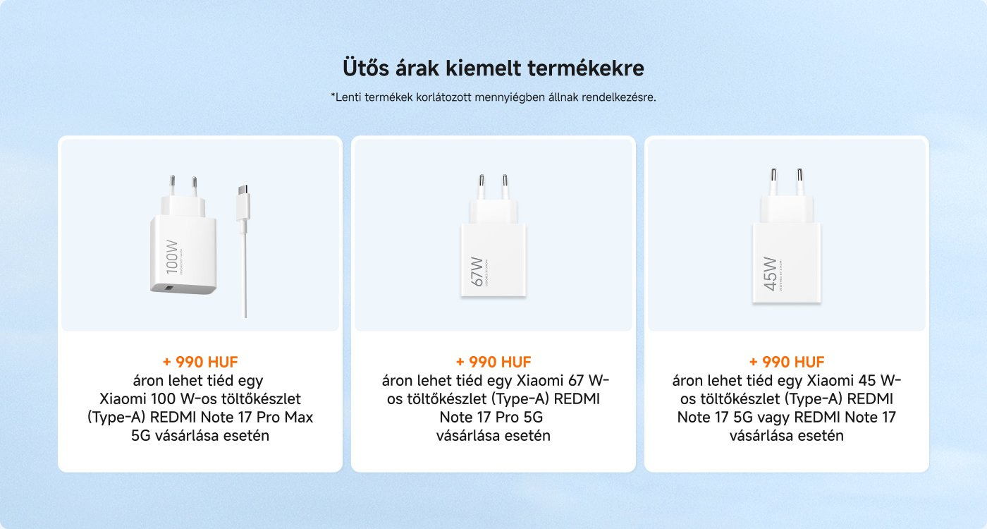 Xiaomi töltő akciós információk:
1. 100W töltő (Type-A), a REDMI Note 17 Pro Max 5G megvásárlásakor 990 HUF-ért.
2. 67W töltő (Type-A), a REDMI Note 17 Pro 5G megvásárlásakor 990 HUF-ért.
3. 45W töltő (Type-A), a REDMI Note 17 5G vagy a REDMI Note 17 megvásárlásakor 990 HUF-ért.
Minden termék mennyisége korlátozott.