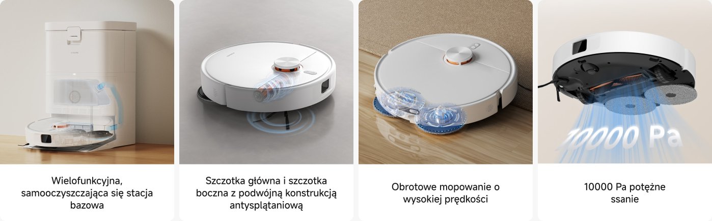 Obraz przedstawia wielofunkcyjny odkurzacz samooczyszczający się oraz odpowiednią bazę. Po lewej stronie znajduje się baza, po prawej stronie odkurzacz, wyposażony w główną szczotkę i szczotkę boczną. Odkurzacz ma funkcję szybkiego obracania mopa oraz dużą moc ssania, osiągającą 10000 Pa.