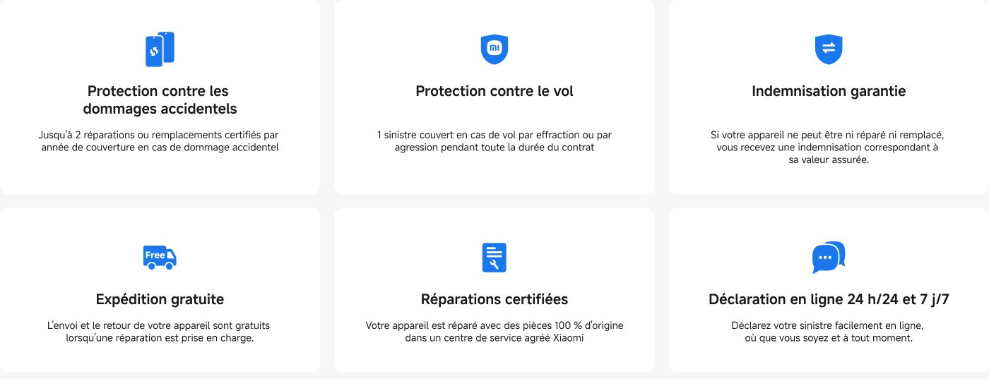 Protection against accidental damage, including up to 2 repairs or replacements per year. Protection against theft, with coverage for claims. Guaranteed compensation in case of non-repair. Free shipping for repairs. Certified repairs with original parts. Online reporting 24/7 to report claims.