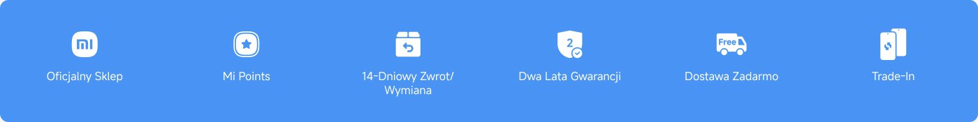 Obraz zawiera kilka ikon i tekstów związanych z internetowym sklepem lub usługą. Kluczowe cechy wyróżnione to:
- Oficjalny Sklep
- Punkty Mi
- Polityka zwrotu/wymiany w ciągu 14 dni
- Dwuletnia gwarancja
- Darmowa dostawa
- Opcja wymiany
Ogólny projekt ma niebieskie tło z białymi ikonami i tekstem.
