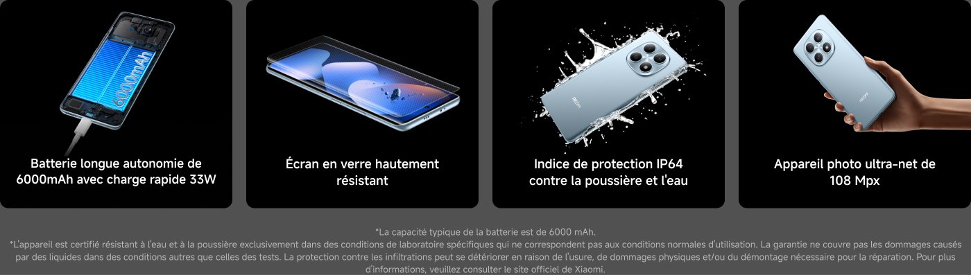 Batterie de 6500 mAh, écran en verre Corning® Gorilla® Glass Victus® 2, indice de protection IP65 contre la poussière et l'eau, et appareil photo de 200 Mpx. Les détails incluent des avertissements sur les conditions de résistance à l'eau et à la poussière.