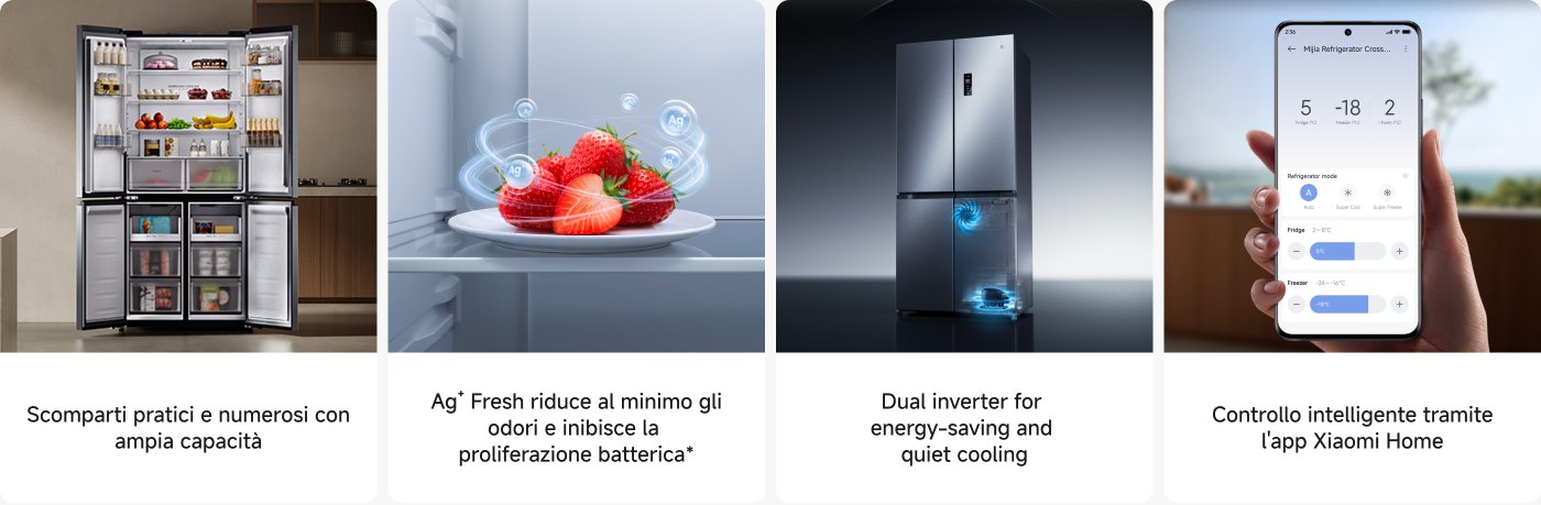 Un frigorifero a quattro porte, con una disposizione ordinata di vari cibi all'interno, tra cui frutta, bevande e gelato. Il frigorifero presenta diverse funzioni utili, come la tecnologia Ag+ Fresh che riduce la proliferazione dei batteri, un design a doppia frequenza per il risparmio energetico e può essere controllato in modo intelligente tramite l'app Xiaomi Home.