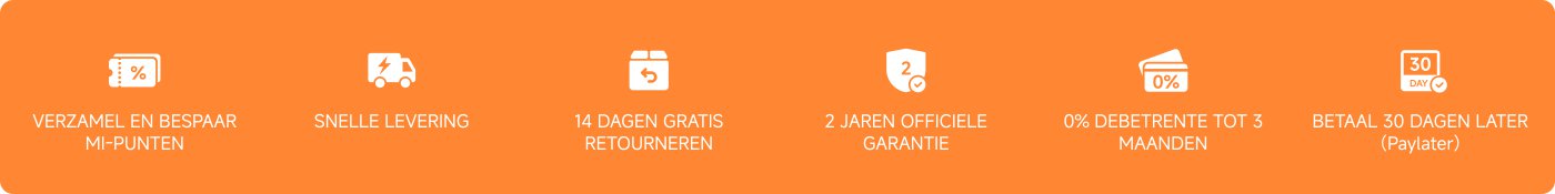 De tekst in de afbeelding bevat:
1. "VERZAMEL EN BESPAAR MI-PUNTEN"
2. "SNELLE LEVERING"
3. "14 DAGEN GRATIS RETOURNEREN"
4. "2 JAREN OFFICIELE GARANTIE"
5. "0% DEBETRENTE TOT 3 MAANDEN"
6. "BETAAL 30 DAGEN LATER (Paylater)"
Deze informatie benadrukt verschillende klantvoordelen met betrekking tot een dienst of product.