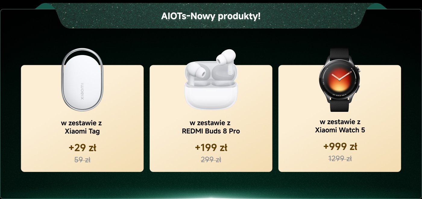 Graficzna promocja nowych produktów AIOT od Xiaomi. Zawiera:
1. Urządzenie w cenie +29 zł przy zakupie z Xiaomi Tag, całkowita cena 59 zł.
2. Redmi Buds 8 Pro, dostępne za +199 zł w zestawie, całkowita cena 299 zł.
3. Xiaomi Watch 5, oferowany za +999 zł w zestawie, całkowita cena 1299 zł.