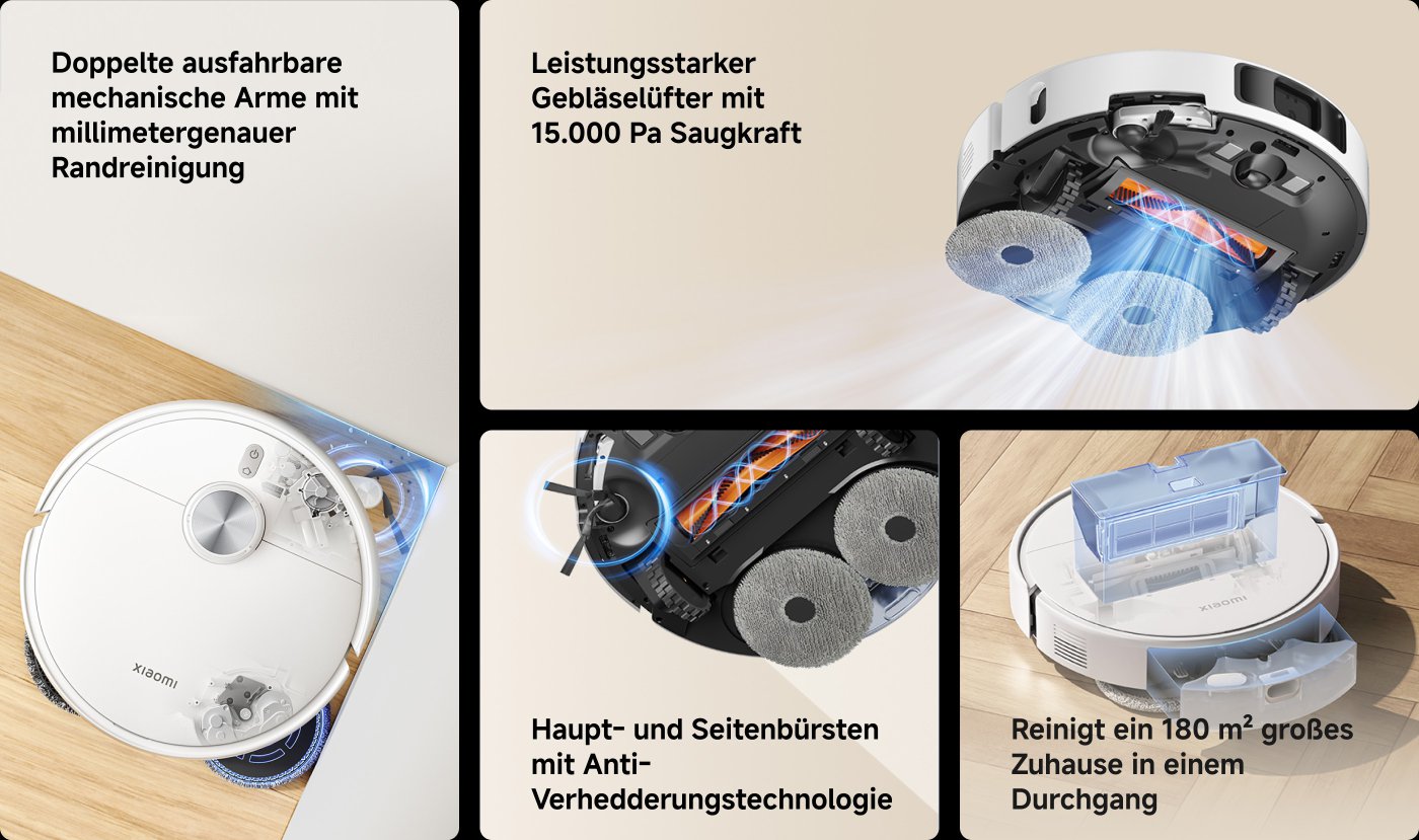 Der intelligente Saugroboter ist mit doppelten teleskopischen Roboterarmen ausgestattet, die eine Millimeter-genaue Randreinigung ermöglichen. Ein leistungsstarker Ventilator bietet eine Saugkraft von 15.000 Pa. Die Haupt- und Nebelbürsten verwenden eine Anti-Verwicklungs-Technologie und können in einem Reinigungsvorgang eine Fläche von 180 Quadratmetern abdecken.