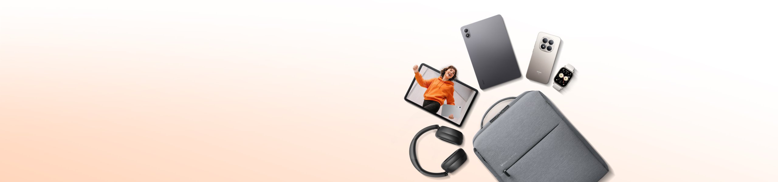Zestaw produktów elektronicznych, w tym duży telewizor, kilka modeli telefonów, tablet, smartwatch, hulajnoga i jedno białe urządzenie, na tle jasnoniebieskiego nieba.