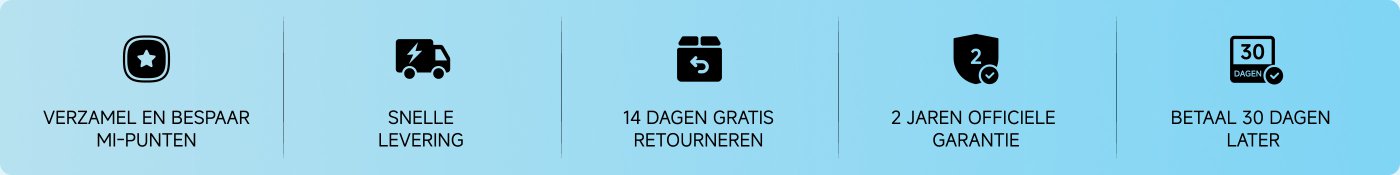 De afbeelding toont verschillende service-informatie met betrekking tot winkelen, waaronder: punten verzamelen en besparen, snelle levering, 14 dagen gratis retourneren, 2 jaar officiële garantie en betalen na 30 dagen.