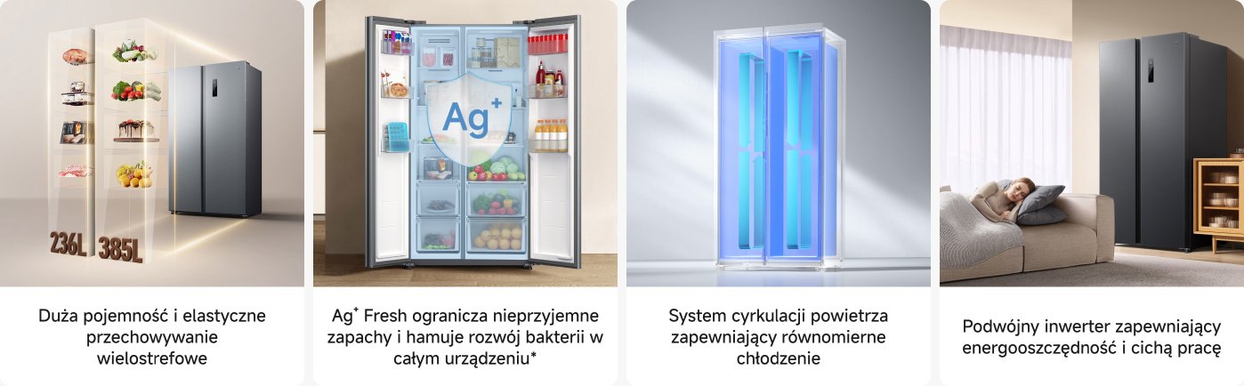 Lodówka prezentuje wiele funkcji, w tym dużą pojemność (236L i 385L), technologię antybakteryjną (Ag+), równomierny system cyrkulacji chłodnego powietrza oraz energooszczędny i cichy podwójny system inwerterowy. Całość tworzy nowoczesne otoczenie kuchenne.