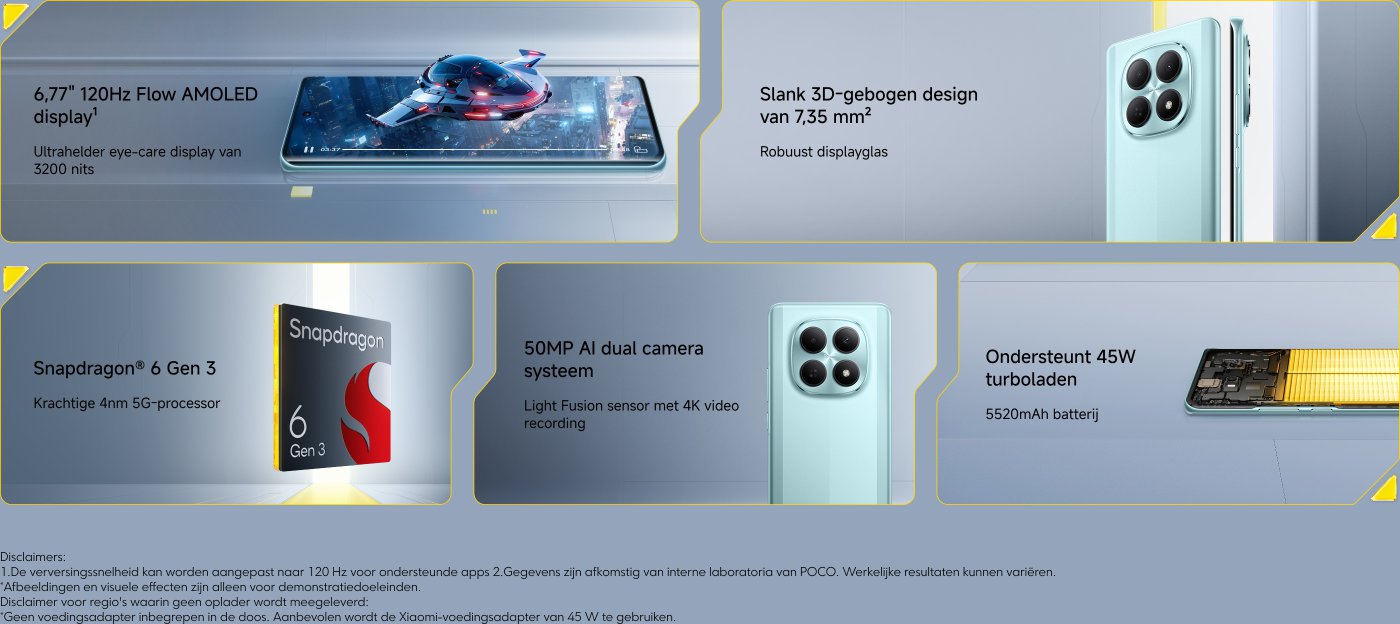Een promotionele afbeelding die een smartphone toont, heeft een 6,77" 120Hz Flow AMOLED-display, Snapdragon 6 Gen 3-processor en een 50MP AI dual camera-systeem. Het benadrukt een slank 3D-gebogen ontwerp, ondersteunt 45W turbo-opladen en bevat een 5520mAh batterij.