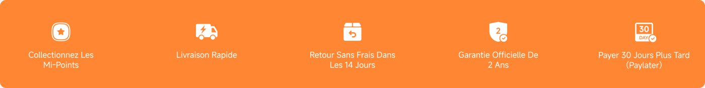 L'image contient plusieurs points liés à une offre de service ou de produit, présentés en français. Les principales caractéristiques incluent :
1. Collecter des Mi-Points.
2. Livraison rapide.
3. Retours gratuits sous 14 jours.
4. Garantie officielle de 2 ans.
5. Paiement 30 jours plus tard (Paylater).
Le fond est orange, et chaque point est accompagné d'une icône.