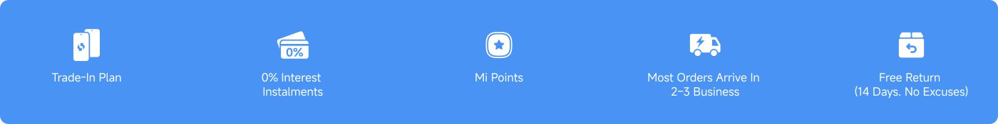 The image contains several promotional features related to a service or product, outlined as follows:
- Trade-In Plan
- 0% Interest Installments
- Mi Points
- Most Orders Arrive in 2-3 Business Days
- Free Return (14 Days. No Excuses)