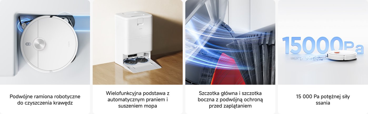 Odkurzacz robotyczny jest pokazany z takimi funkcjami jak podwójne ramiona robotyczne do czyszczenia krawędzi, wielofunkcyjna baza do automatycznego mycia i suszenia oraz silna moc ssania wynosząca 15 000 Pa. Projekt podkreśla zaawansowane możliwości czyszczenia i wydajność.