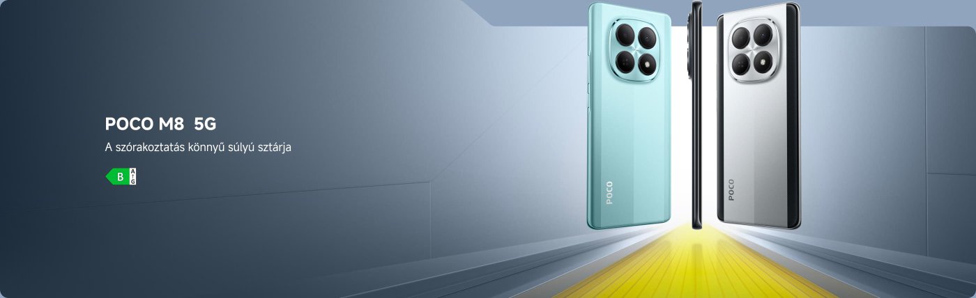 A képen a POCO M8 5G okostelefon két modellje látható, az egyik világoskék, a másik ezüst színű. Egy sima, modern háttér előtt vannak kiállítva, amelyen gradienseffektus látható. A képen lévő szöveg kiemeli a telefon szórakoztató képességeit, és tartalmaz egy értékelési címkét.