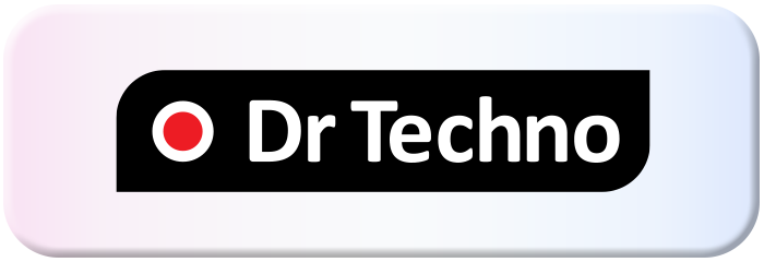 Slika prikazuje logo sa tekstom "Dr Techno" u podebljanim belim slovima na crnoj pozadini, uz crvenu kružnu grafiku na levoj strani. Celokupni dizajn ima gradijentni efekat, prelazeći iz svetlo roze u svetlo plavu.