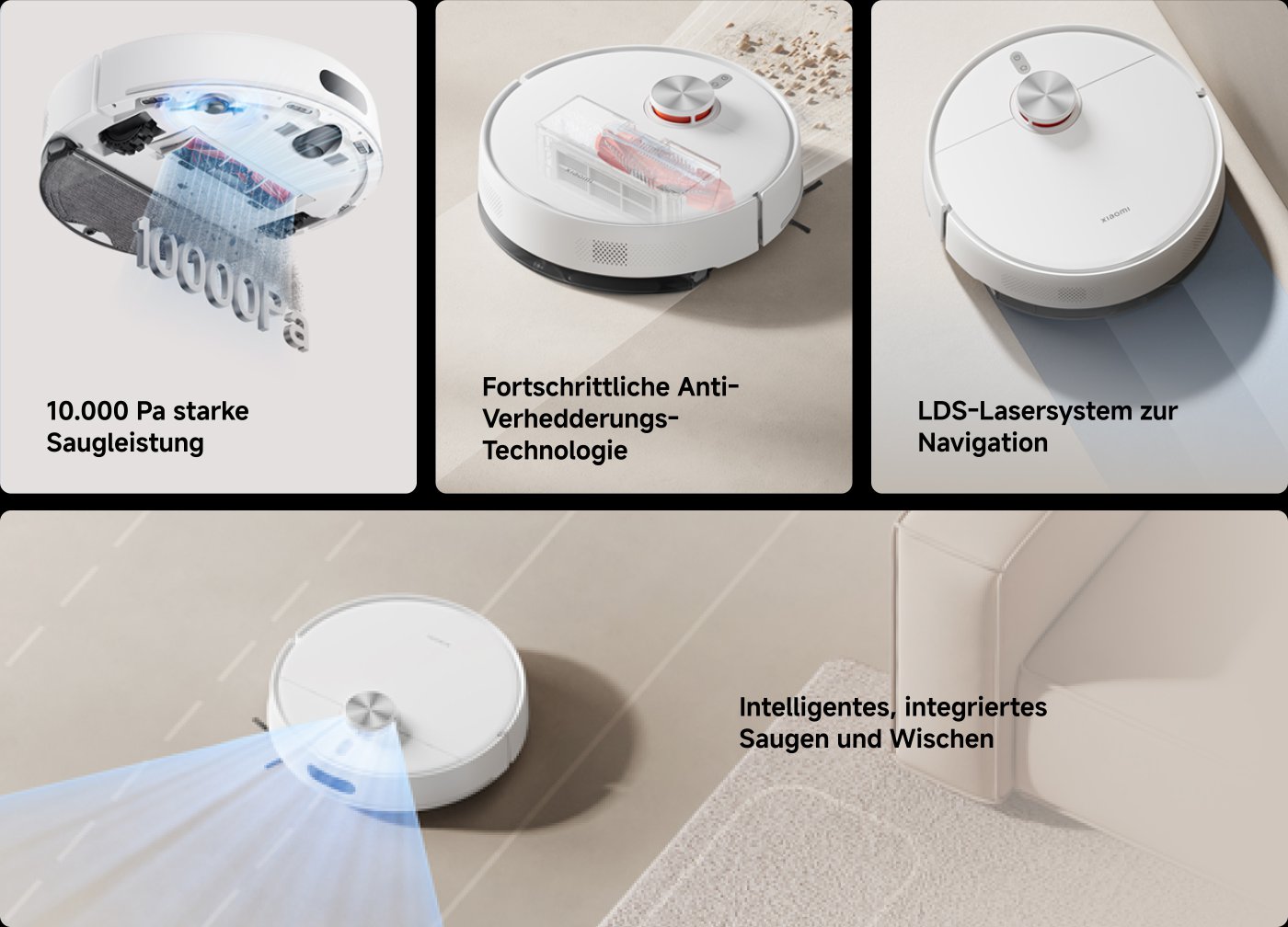 Der intelligente Saugroboter ist mit doppelten teleskopischen Roboterarmen ausgestattet, die eine Millimeter-genaue Randreinigung ermöglichen. Ein leistungsstarker Ventilator bietet eine Saugkraft von 15.000 Pa. Die Haupt- und Nebelbürsten verwenden eine Anti-Verwicklungs-Technologie und können in einem Reinigungsvorgang eine Fläche von 180 Quadratmetern abdecken.