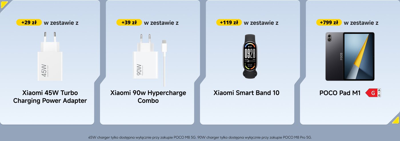 Obraz przedstawia promocję różnych produktów Xiaomi dostępnych do zakupu.
1. **Zasilacz do szybkiego ładowania Xiaomi 45W** - Dostępny za dodatkowe 29 zł.
2. **Zestaw ładowania Xiaomi 90W Hypercharge** - Dostępny za dodatkowe 39 zł.
3. **Xiaomi Smart Band 10** - Dostępny za dodatkowe 119 zł.
4. **POCO Pad M1** - Dostępny za dodatkowe 799 zł.
Zauważono również, że ładowarka 45W jest dostępna tylko przy zakupie konkretnej serii telefonów.