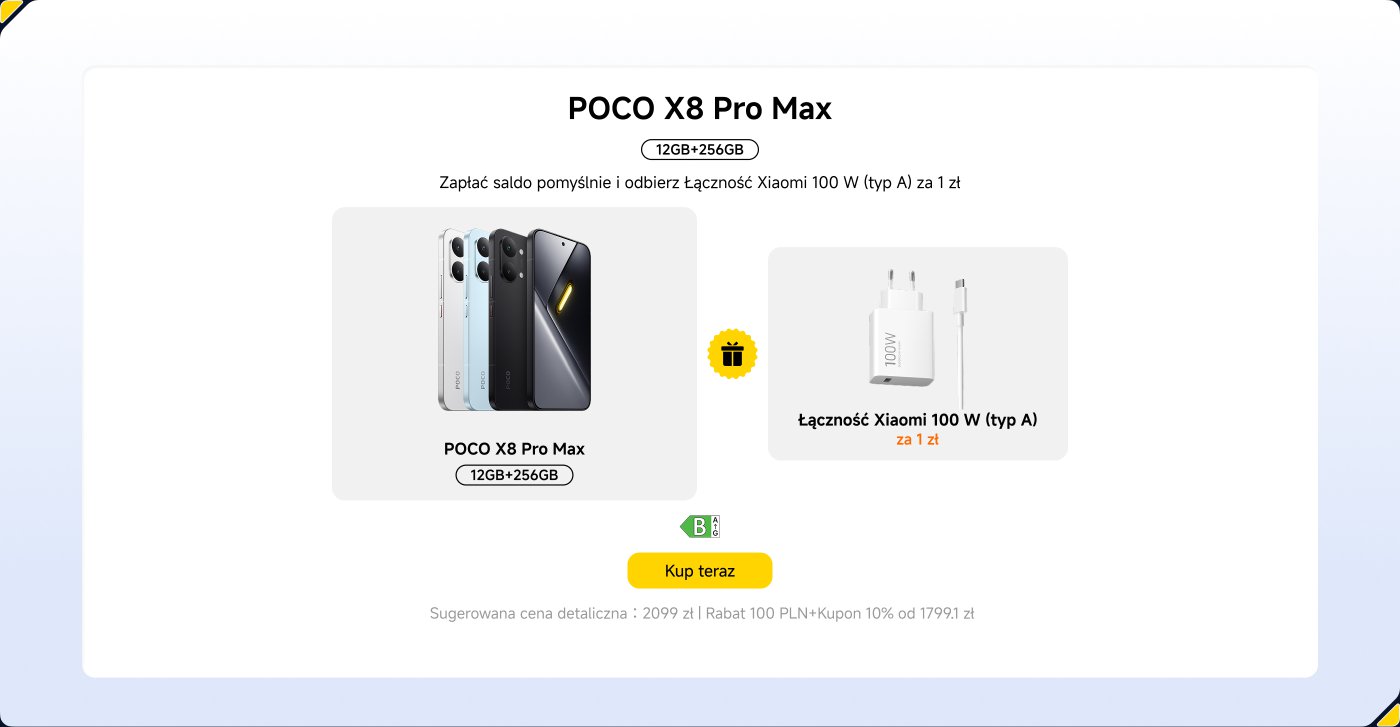 Smartfon Poco X8 Pro Max ma 12 GB RAM i 256 GB pamięci, obok znajduje się ładowarka 100 W, a cena wynosi 1 złoty. Sugerowana cena detaliczna to 2099 złotych, obecnie dostępna jest zniżka w wysokości 100 złotych oraz 10% rabatu.