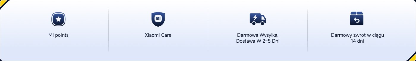 Wyświetlono cztery ikony i opisy usług lub promocji, w tym:
1. **Mi punkty** - system punktów.
2. **Xiaomi Care** - może to być serwis posprzedażowy lub gwarancja.
3. **Darmowa Wysyłka, Dostawa W 2–5 Dni** - darmowa dostawa, dostawa w ciągu 2-5 dni.
4. **Darmowy zwrot w ciągu 14 dni** - darmowy zwrot w ciągu 14 dni.