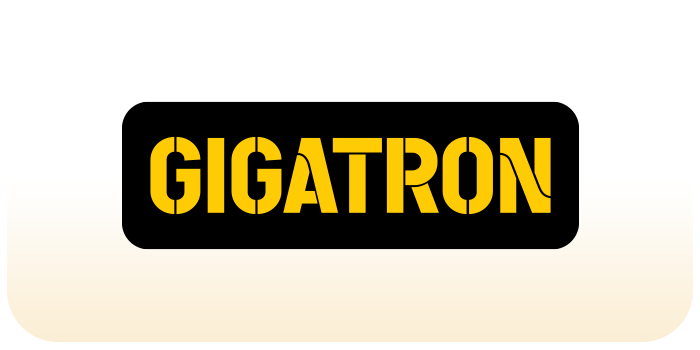 GIGATRON-ov logo, pozadina je crna, a slova su žuta. Dizajn je jednostavan, ističe ime brenda.