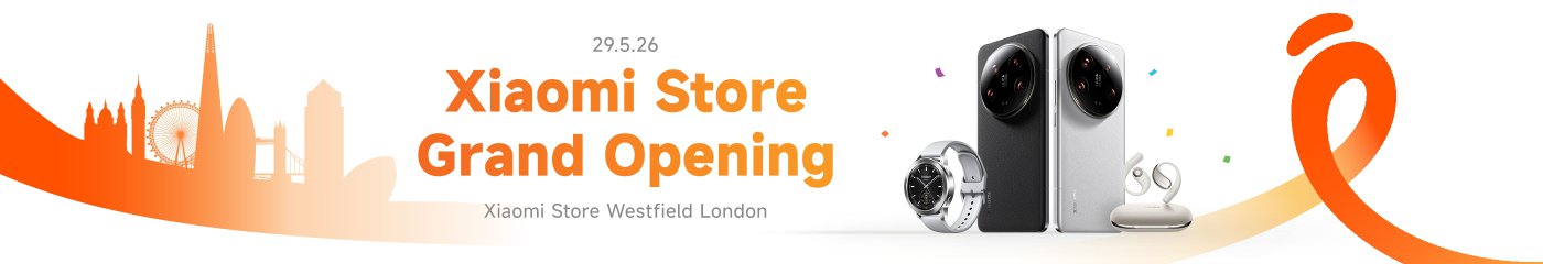The Xiaomi Store will hold a grand opening from May 29 to June 26, 2023, at the Westfield shopping centre in London. The products on display include new smartphones and smartwatches, with the outline of London's landmark buildings in the background.