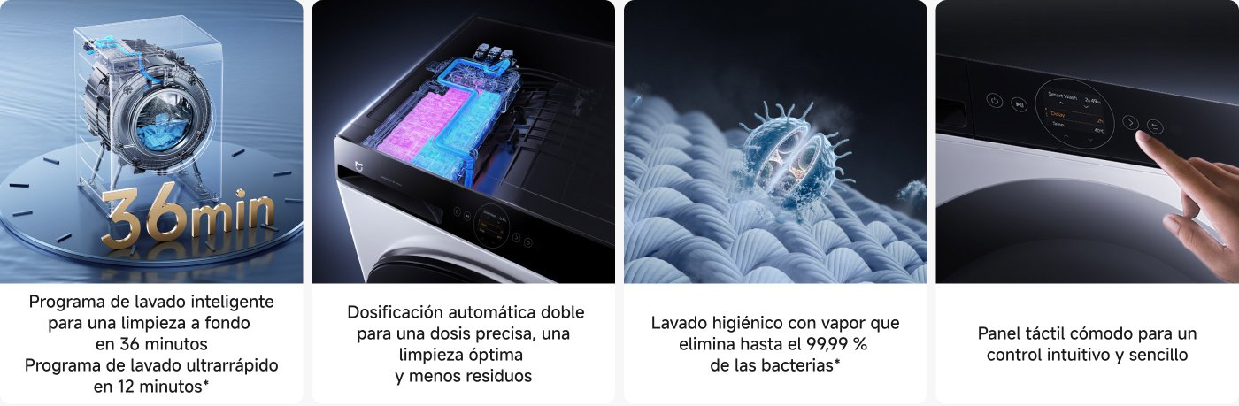 Una lavadora con un programa de lavado inteligente que limpia en 36 minutos y un programa ultrarrápido en 12 minutos. Cuenta con dosificación automática para una limpieza óptima, lavado higiénico con vapor que elimina el 99.99% de las bacterias y un panel táctil intuitivo para un control sencillo.