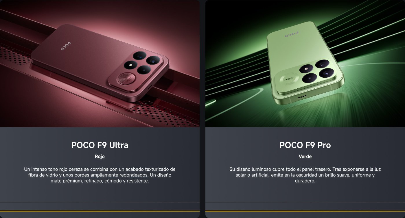 La imagen presenta dos modelos de teléfonos de la marca POCO. A la izquierda, el POCO F9 Ultra en color rojo, con un diseño texturizado y bordes redondeados. A la derecha, el POCO F9 Pro en color verde, con un diseño que emite un brillo suave en la oscuridad.