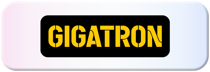 GIGATRON logo sa debelim žutim slovima na crnoj pozadini, smješten protiv dugmeta svetlije boje sa gradijentom.