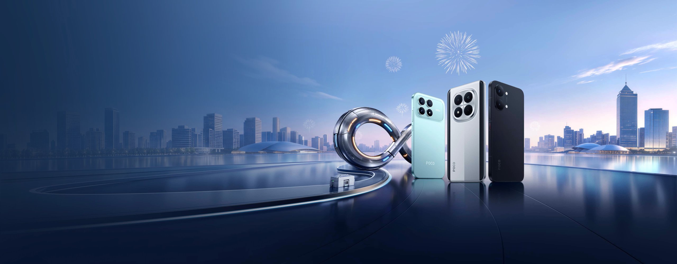 Zomer promotiecampagne, toont een paar elektronische producten, waaronder telefoons en koptelefoons, met als achtergrond een blauwe lucht en wateroppervlak. De promotie-informatie vermeldt "Zomer promotie, 10% korting, slimme aanbiedingen".