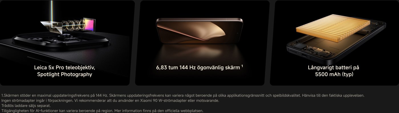 Innehåller bilder av mobiltelefonen som visar dess högpresterande kamera, skärm och batterifunktioner. Textinnehållet inkluderar "Leica 5x Pro zoomobjektiv, fokuserad fotografering", "6,83 tum 144 Hz ögonvänlig skärm", "5500 mAh långvarigt batteri".