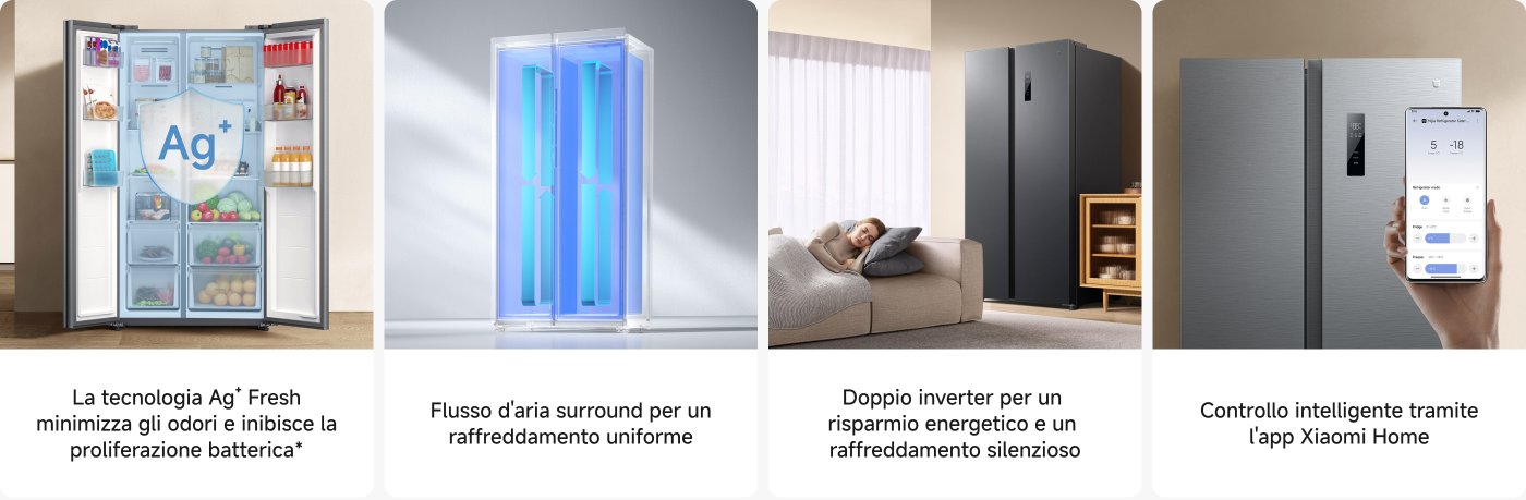 Mostra interna del frigorifero, vari alimenti disposti ordinatamente, con il marchio della tecnologia Ag+ a sinistra, sottolineando l'inibizione di batteri e odori. A destra, un frigorifero dal design moderno si abbina a divani e mobili in legno, con un telefono che mostra l'interfaccia di controllo dell'app Xiaomi Home, evidenziando le funzioni di controllo intelligente e risparmio energetico.