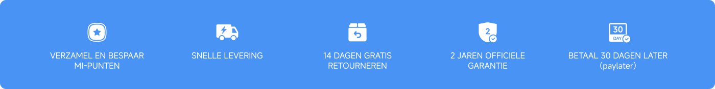 De afbeelding bevat tekst in het Nederlands die verschillende servicekenmerken benadrukt. De belangrijkste punten zijn:
1. Verzamel en bewaar MI-punten.
2. Snelle levering.
3. 14 dagen voor gratis retour.
4. 2 jaar officiële garantie.
5. Betalen 30 dagen later (betaal later optie).