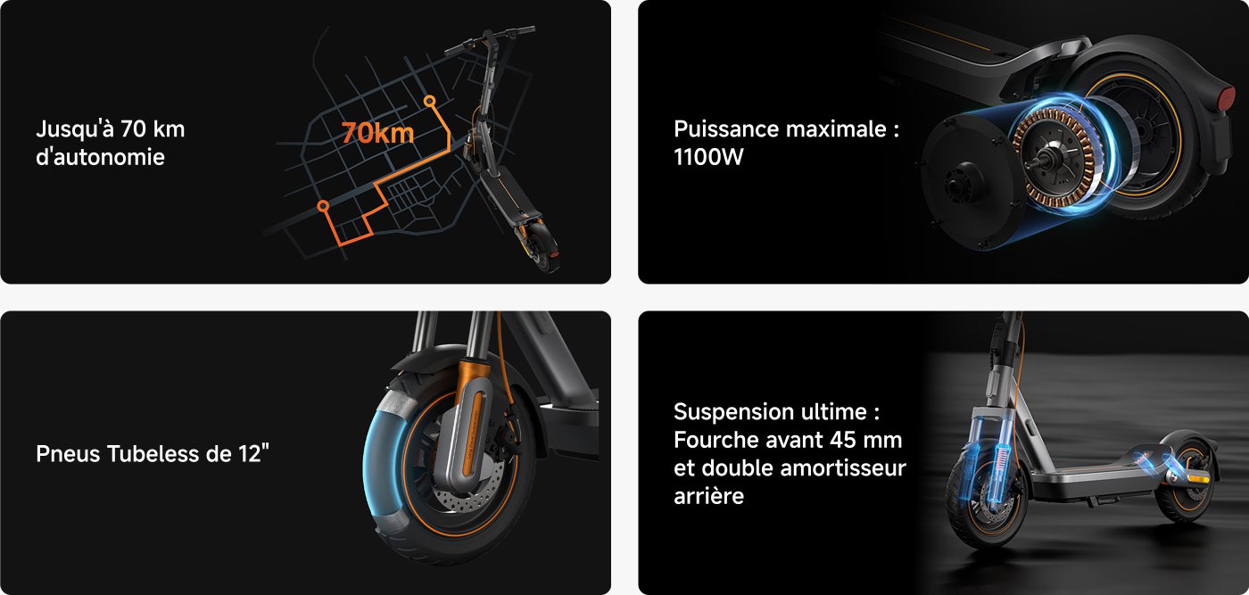 Le visuel présente une trottinette électrique avec plusieurs caractéristiques clés :
- Autonomie jusqu'à 70 km.
- Puissance maximale de 1100W.
- Pneus tubeless de 12 pouces.
- Système de suspension avancé avec fourche avant de 45 mm et double amortisseur arrière.