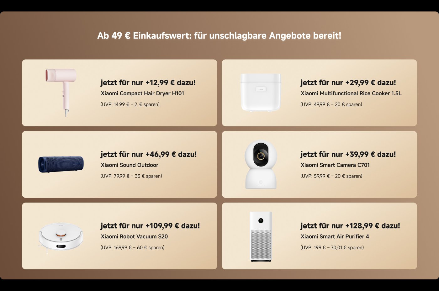 Ihr Wunschgeschenk wartet, einfach so! Ab einem Einkaufswert von 199 €: GRATIS Mi Casual Daypack; ab 399 €: GRATIS REDMI Buds 6 Active; ab 599 €: GRATIS Xiaomi City Backpack oder Xiaomi 22.5W Power Bank 10000; ab 799 €: GRATIS Xiaomi Metal Carry-on Luggage 20".