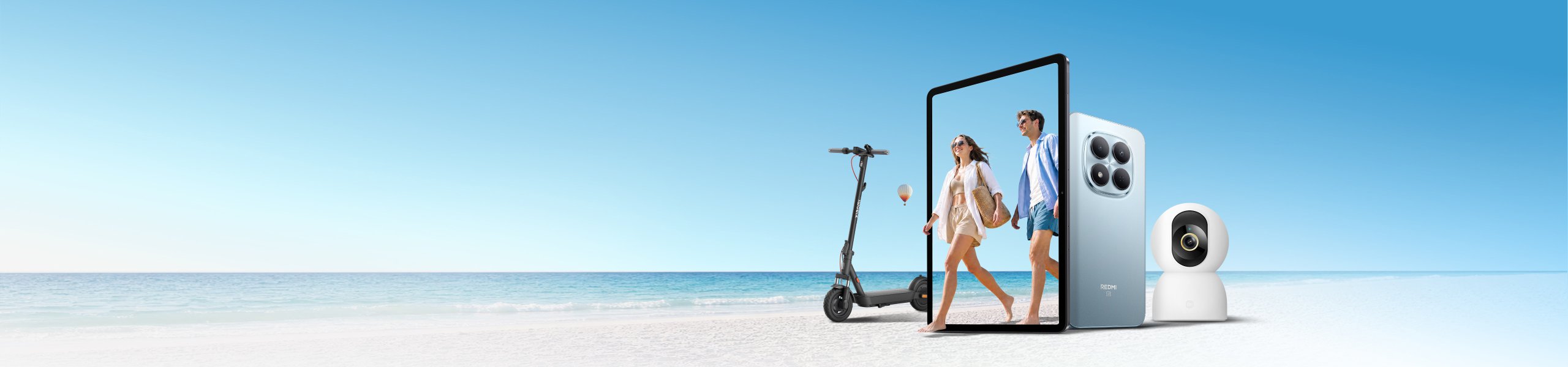 Un ensemble d'appareils électroniques, comprenant une télévision, un téléphone portable, une machine à laver, un scooter et une montre, sur un fond dégradé de bleu et de rouge.