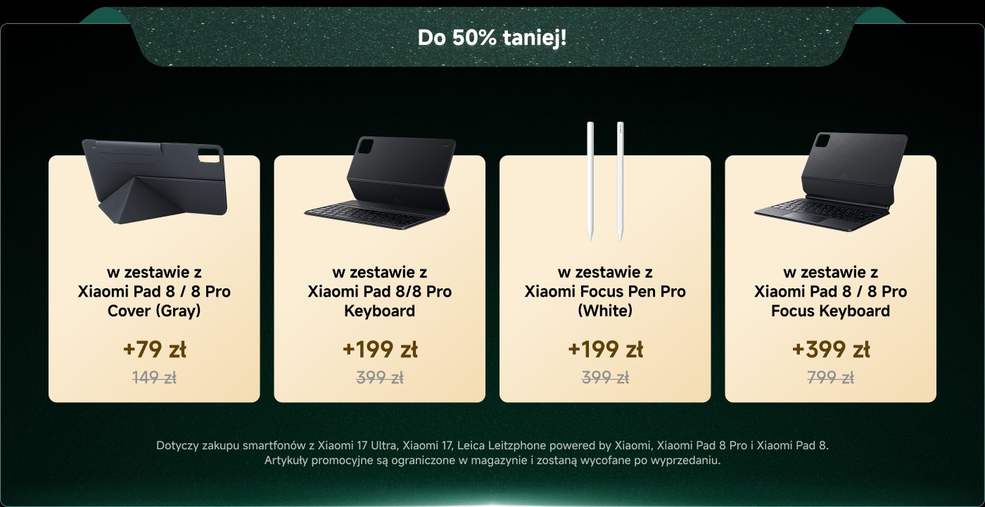 Graficzna promocja nowych produktów AIOT od Xiaomi. Zawiera:
1. Urządzenie w cenie +29 zł przy zakupie z Xiaomi Tag, całkowita cena 59 zł.
2. Redmi Buds 8 Pro, dostępne za +199 zł w zestawie, całkowita cena 299 zł.
3. Xiaomi Watch 5, oferowany za +999 zł w zestawie, całkowita cena 1299 zł.