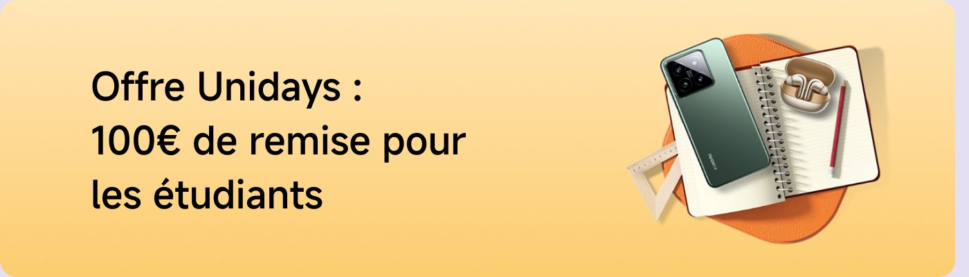 Offre Unidays : 100€ de remise pour les étudiants. L'image montre un téléphone, des écouteurs, un cahier et un crayon, sur un fond dégradé orange.