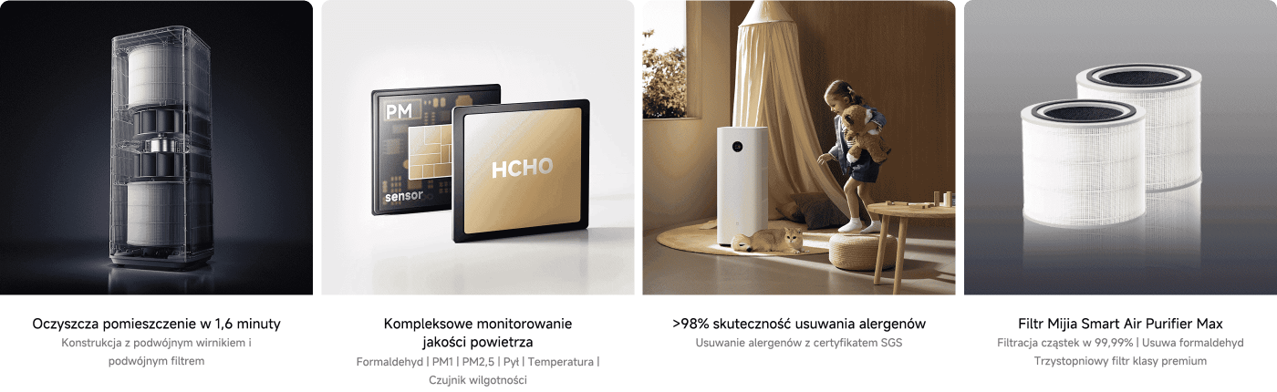 Obraz przedstawia oczyszczacz powietrza o eleganckim wzornictwie, podkreślając jego cechy. Wspomina o możliwości oczyszczenia pokoju w 1,6 minuty, kompleksowym monitorowaniu jakości powietrza oraz ponad 98% skuteczności w usuwaniu alergenów. Dodatkowo zawiera szczegóły dotyczące premium filtra trzystopniowego i jego wysokiej wydajności filtracji. W tle widać dziecko bawiące się w pobliżu oczyszczacza, co dodaje domowego klimatu do prezentacji produktu.