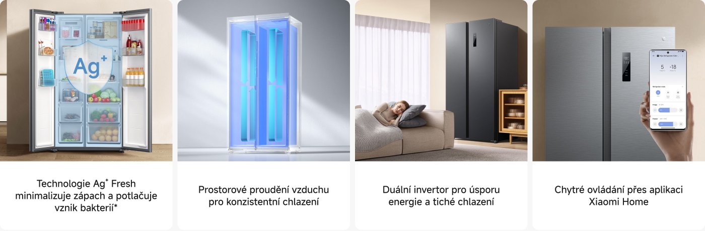 Byla představena moderní chladnička, jejíž vnitřek je plný různých potravin a její vzhled je stříbrný. Na levé straně se zmiňuje technologie Ag+, která může snížit zápach a potlačit vznik bakterií, na pravé straně se zmiňuje design proudění vzduchu a technologie dvojitého inverteru pro úsporu energie a zachování ticha. Je zde také obrazovka mobilního telefonu, která naznačuje, že lze provádět inteligentní ovládání prostřednictvím aplikace Xiaomi Home.