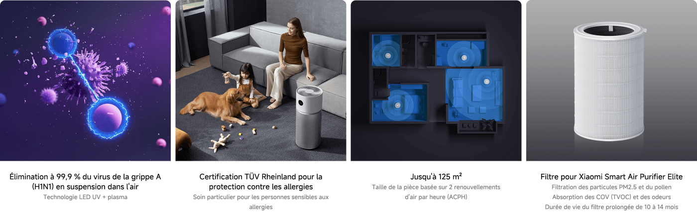 L'image montre quatre parties liées à l'assainisseur d'air pour animaux de compagnie. En haut à gauche se trouve un assainisseur d'air blanc, avec deux chats à côté ; en haut à droite, la fonction d'absorption rapide des odeurs d'animaux est décrite ; en bas à gauche, une personne est montrée avec un chat, soulignant la capacité à filtrer efficacement les allergènes ; en bas à droite, le filtre de l'assainisseur d'air et ses fonctions sont présentés.