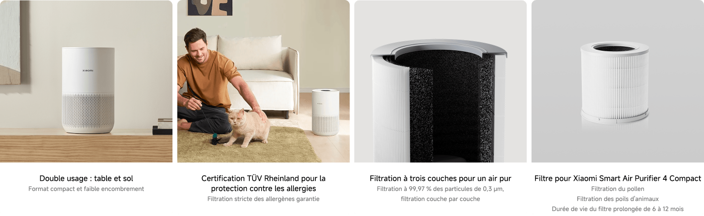 L'image montre quatre parties liées à l'assainisseur d'air pour animaux de compagnie. En haut à gauche se trouve un assainisseur d'air blanc, avec deux chats à côté ; en haut à droite, la fonction d'absorption rapide des odeurs d'animaux est décrite ; en bas à gauche, une personne est montrée avec un chat, soulignant la capacité à filtrer efficacement les allergènes ; en bas à droite, le filtre de l'assainisseur d'air et ses fonctions sont présentés.