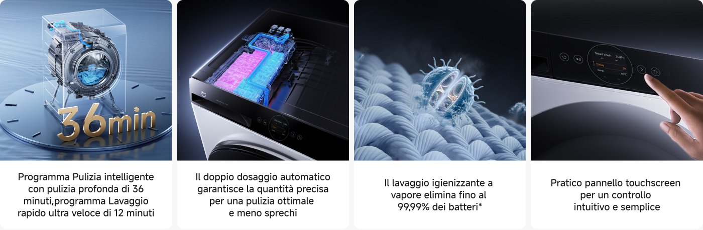 Programma di lavaggio intelligente, il tempo di lavaggio profondo è di 36 minuti, il programma di lavaggio ultra veloce richiede solo 12 minuti. Il doppio dosaggio automatico garantisce dosaggi precisi, ottenendo la migliore pulizia e riducendo gli sprechi. Il lavaggio con sterilizzazione a vapore può eliminare fino al 99,99% dei batteri. Il pannello touch facilita un'operazione intuitiva.