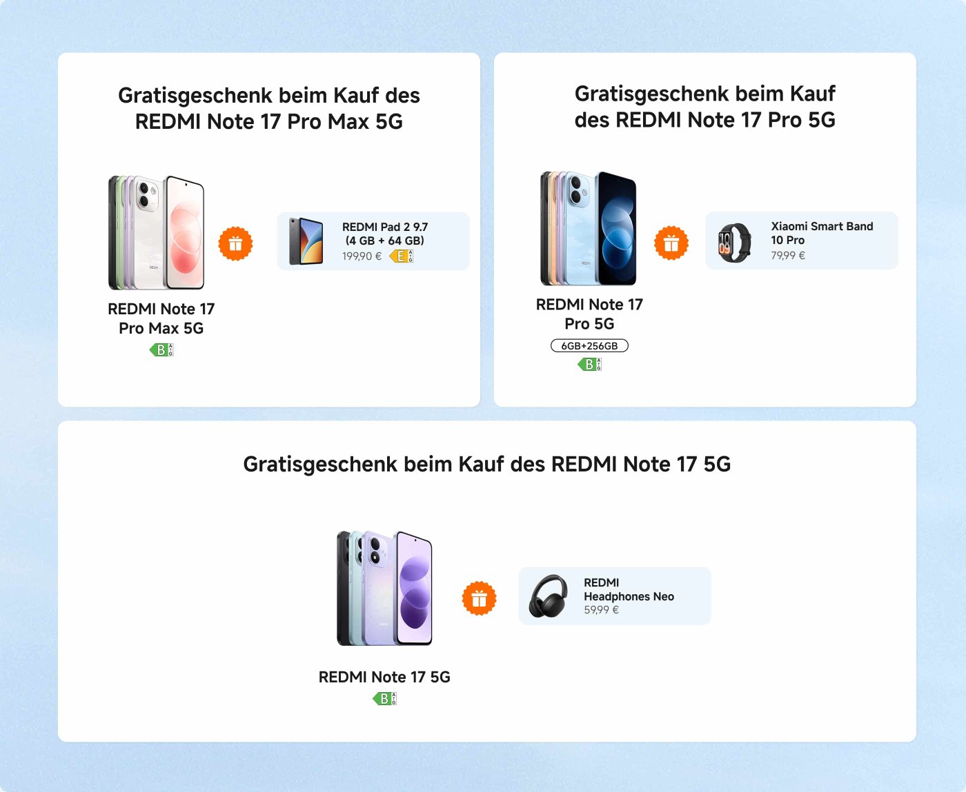 Eine Werbeanzeige, die drei verschiedene Smartphone-Modelle präsentiert: das REDMI Note 17 Pro Max 5G, das REDMI Note 17 Pro 5G und das REDMI Note 17 5G. Jeder Kauf beinhaltet ein kostenloses Geschenk, wie ein REDMI Pad, ein Xiaomi Smart Band oder REDMI Kopfhörer. Die Preise für die Produkte werden ebenfalls angezeigt.
