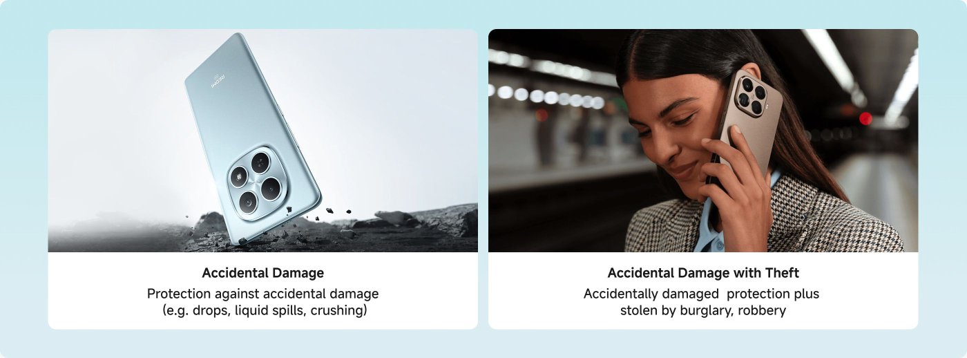 The image features two sections discussing phone protection plans. On the left, "Accidental Damage" describes coverage for damage from drops, spills, or crushing. On the right, "Accidental Damage with Theft" includes coverage for accidental damage along with theft protection from burglary or robbery.