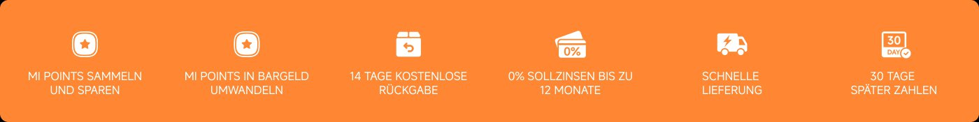 Inhalt umfasst Informationen zu sechs Dienstleistungen oder Angeboten:
1. MI-Punkte sammeln und sparen
2. MI-Punkte-Upgrade
3. 14 Tage kostenlose Rücksendung
4. 0% Zinsen bis zu 12 Monaten
5. Schnelle Lieferung
6. Zahlung nach 30 Tagen (Paylater)