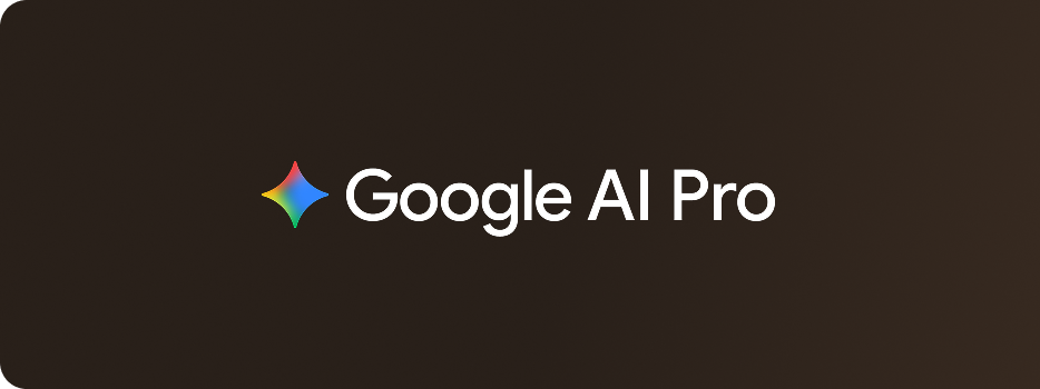 Das Google AI Pro-Logo wird auf einem dunklen Hintergrund angezeigt und zeigt ein farbenfrohes Sternsymbol neben dem Text "Google AI Pro."
