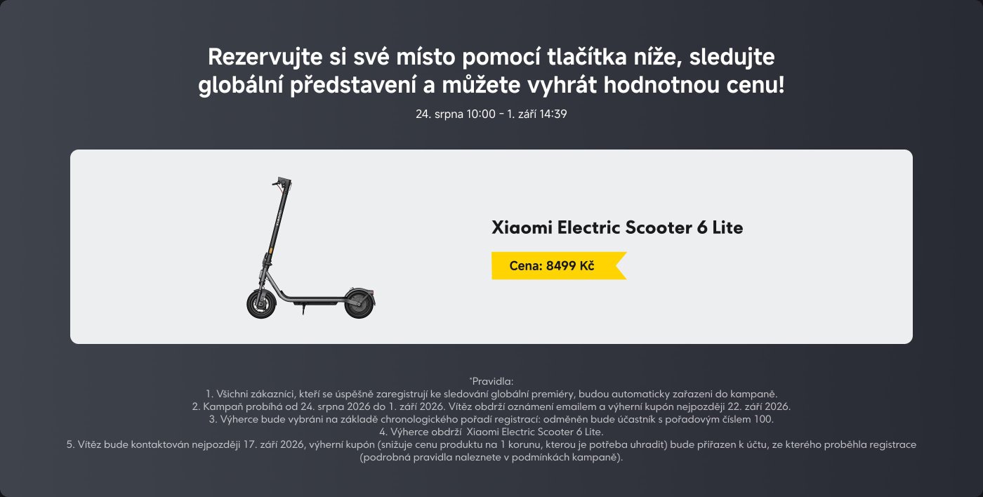 Reserve your spot using the button below, watch the global presentation, and you could win a valuable prize!
Xiaomi Electric Scooter 6 Lite
Price: 8499 CZK
The rules include registering to participate in the campaign and selecting the winner based on the chronological order of registrations.